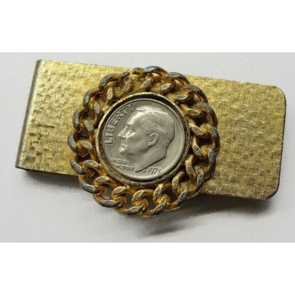 Money Clip Roosevelt Dime 1973 Gold Tone Credit Card Cash ID Holder - Picture 2 of 8